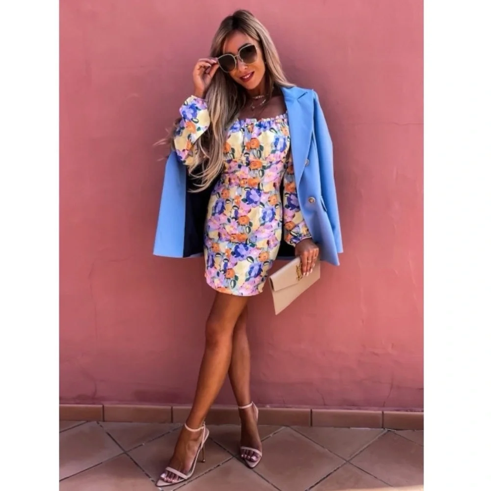 Blue Bodycon Mini Dress with Bishop Sleeves and Square Neckline - Picture 2 of 10